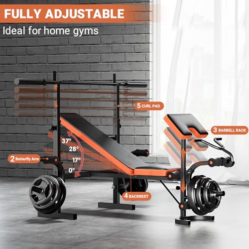 Fostoy Adjustable Weight Bench, Bench Press with Squat Rack, Olympic Weight Bench for Home Gym, Workout Bench with Preacher Curl Pad and Leg Develope for Full-Body Strength Training