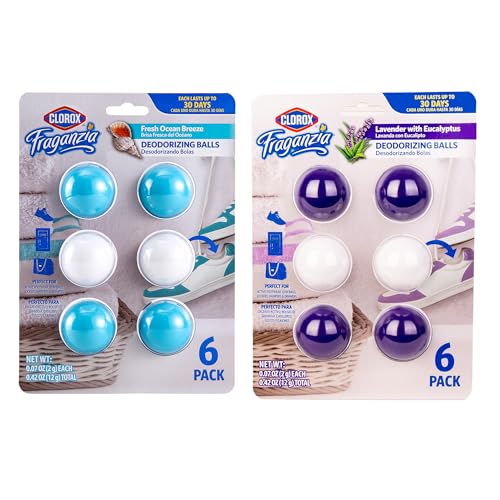 Clorox Fraganzia Deodorizing Balls Bundle - Battery-Free Odor Eliminators for Shoes, Gym Bags, Closets, Lockers, Hampers & Drawers, Fresh Ocean Breeze and Lavender with Eucalyptus, 6 Count Each