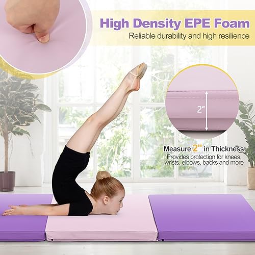 Goplus Folding Gymnastics Mat, 6’ x 2’ x 2’’ Thick Tri-Fold Exercise Tumbling Mat w/Carrying Handles, Hook & Loop Fastener, Gym mats for Home Fitness Yoga Aerobics Workouts Martial Arts - color: Purple + Pink