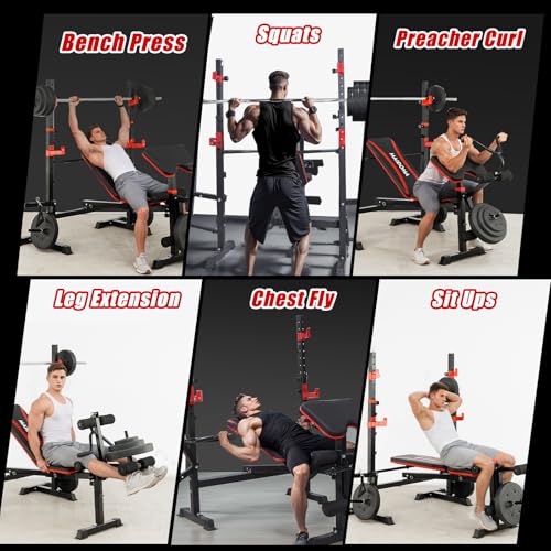 MAIDOMA Foldable 1500LBS Capacity 8 IN 1 Weight Bench Set with Leg Extension/Squat Rack/Preacher Curl, Adjustable Bench Press for Home Gym Full Body Workout (US Stock) - color: Black Red