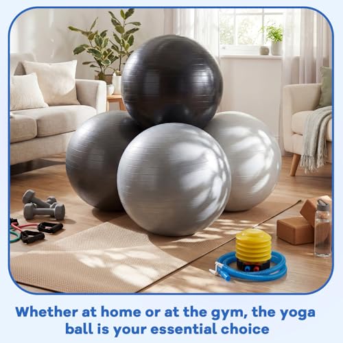 Leyndo 4 Pcs 26 Inch Yoga Exercise Ball Pilates Pregnancy Birthing Fitness Ball with Quick Pump Anti Burst for Improved Posture, Balance, Yoga, Pilates, Training - color: Gray Black Set