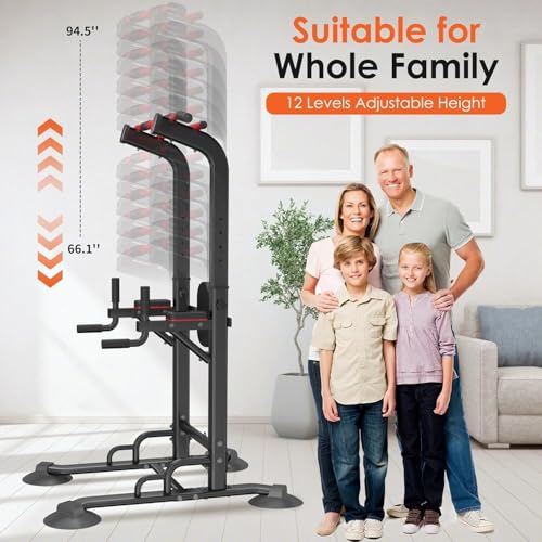 SogesPower 94.5"H Power Tower Pull Up Bar Station, 12 Adjustable Height Dip Station Dip Bar Strength Training Fitness Equipment, Black