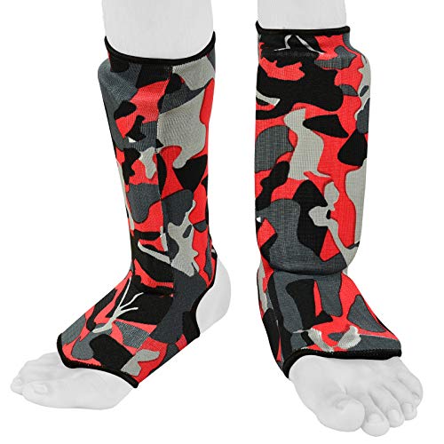 Be Smart Kids, Adults, Youth, Men and Women Muay Thai MMA Kickboxing Shin Guards, Instep Guard Training, Sparring Protective Gear Equipment Shin Kick Pads - color: Red Camo, size: XXS ( 9 to 13 Years )