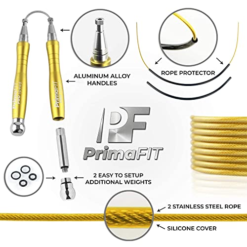 PrimaFIT Pro Speed Jump Rope for Adults, Weighted Skipping Rope for Boxing | Adjustable Jumping Rope for Fitness Workout & CrossFit Exercise, Double Unders, Handle Weights, 3m Cables 2 Protectors, Bag - color: Golden