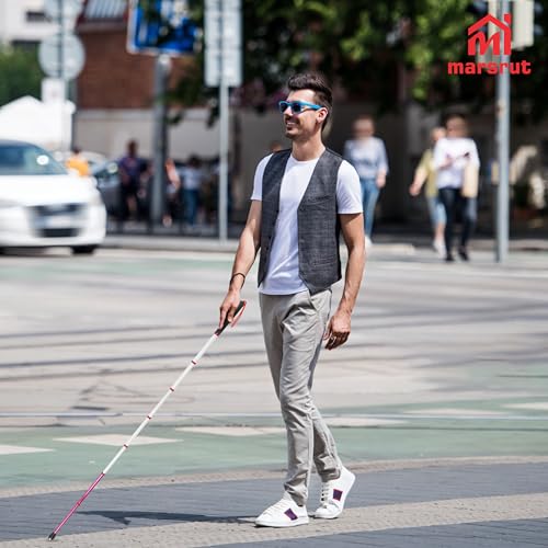 Telescoping Cane, 55" Blind Cane Telescopic Walking Stick, Reflective Retractable Mobility Aids Telescope Assist Tool for Elderly Night Warning, Roller Head Screw-in, Storage Bag, Titanium Alloy