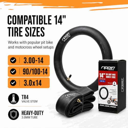 Rippin Moto 90/100-14 (3.0-14) Heavy Duty 14" Dirt Bike Inner Tube - 3mm Thick, TR4 Valve, Fits Most 14" Pit Bike & Motocross Tires (3.0x14)