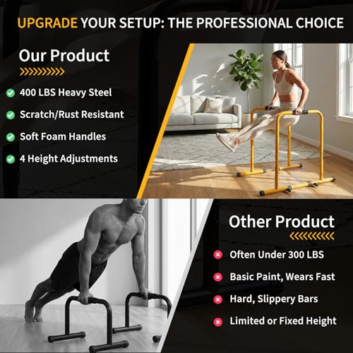NEWBULIG Dip Bar Station, Adjustable Parallel Parallettes Bar with Soft High-Density Foam Handles, Heavy Duty Dip Stands Workout Equipment for Home, Gym, Patio, Office - color: Warm Yellow