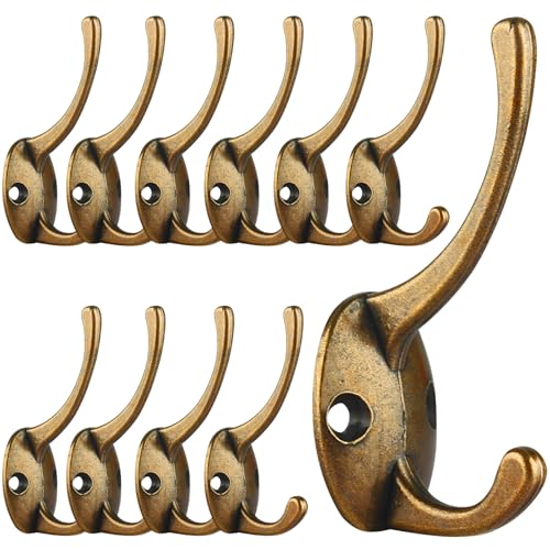 IBosins 12 Pack Antique Brass Coat Hooks Wall Mounted with 24 Screws Retro Double Hooks Utility Antique Brass Hooks for Coat, Scarf, Bag, Towel, Key, Cap, Cup, Hat - color: Antique Brass