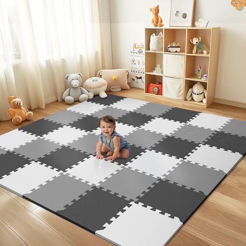 36Pcs Baby Play Mat for Floor, Foam Floor Tiles for Kids with Interlocking, Squares Foam Puzzle Carpet for Playroom,Crawling Rug for Babies 6-12 Months,Toddlers,11.8 * 11.8 * 0.6In Each - color: Grey-white-black, size: 36 PCS