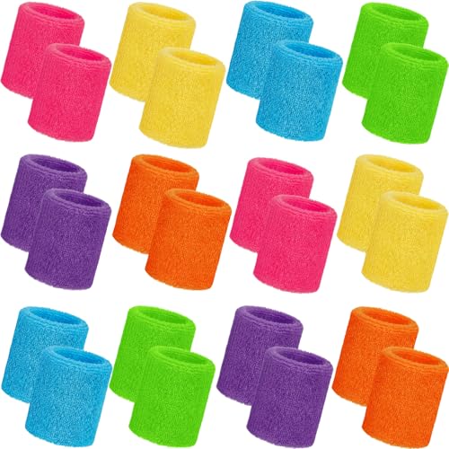 Bememo 24 Pcs Wrist Sweatbands Bulk Sports Wrist Bands for Men Women Breathable Athletic Tennis Wristbands Stretchy Absorbent Cotton Terry for Basketball, Baseball, Gym, Working Out - color: Colorful