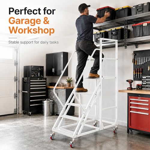 5 Step Rolling Ladder with Handrails, 1100 lbs Capacity Heavy Duty Mobile Warehouse Ladder with Wheels, Industrial Steel Non-Slip Rolling Stairs with Large Platform, for Garage Stockroom Library - color: White, size: 5 Step