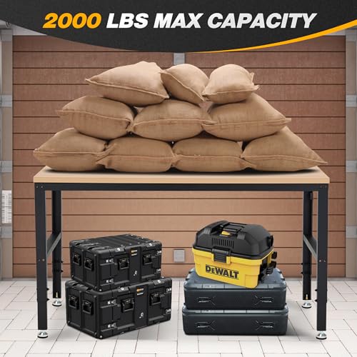 Antifir 60” Adjustable Workbench，Heavy Duty Wood Work Bench 2000 Lbs Load Capacity,Work Table with Power Outlet for Garage, Workshop, Office, Home - size: 60x24" With Socket