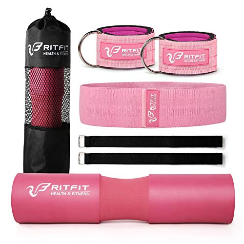 RitFit 7PCS Barbell Squat Pad Set, Hip Thrust & Lunges | Includes Resistance Band, 2 Safety Straps, 2 Gym Ankle Straps & Carry Bag, Upgraded Neck & Shoulder Protective Pad - color: Pink