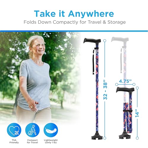 NOVA Foldable Quad Cane for Seniors, Self Standing Adjustable Walking Cane with Pivoting Quad Tip, Lightweight Collapsible Mobility Aid, Bonus Carry Pouch & Replacement Tips, Maui Flowers - color: Aloha Flowers