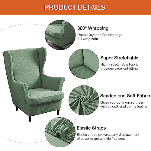 NILUOH Wingback Chair Slipcover 2-Piece Stretch Wingback Chair Sofa Slipcover Leaf Jacquard Chair Cover Furniture Protector Couch Soft with Elastic Bottom for Living Room, Leaf Green - color: Leaf Green