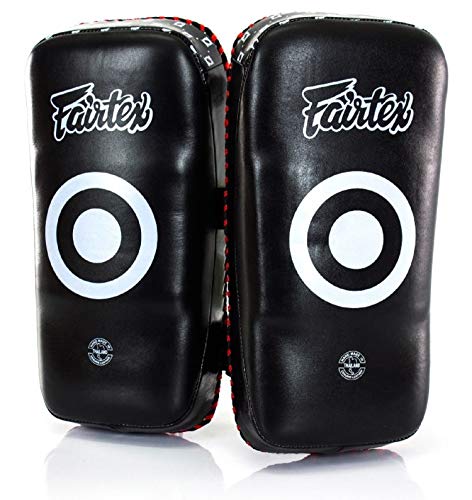 Fairtex KPLS2 Muay Thai Kick Pads Superior All Genuine Leather | Professional Training Pads for Boxing, MMA, and More | Cow Hide Leather, Curved Design, Hook & Loop Closure, Padded Straps (Black/Red)