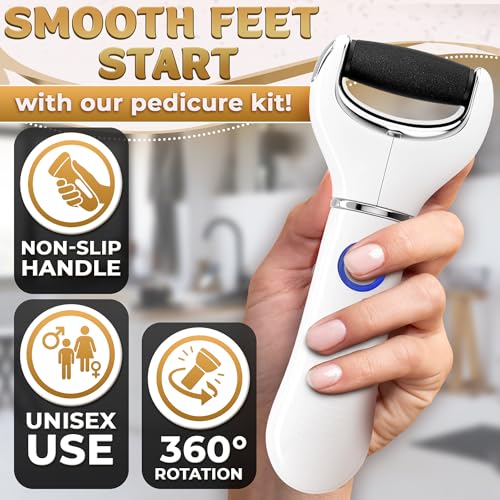 Electric Foot File Callus Remover for Feet, 3-Speed, 2 Rollers | Foot Scrubber Electric, 1800/2200/2800 RPM, 80 & 60 Grit Rollers & Cleaning Brush, LED Indicator for Cracked Heels & Dry Skin - color: White Callus Remover