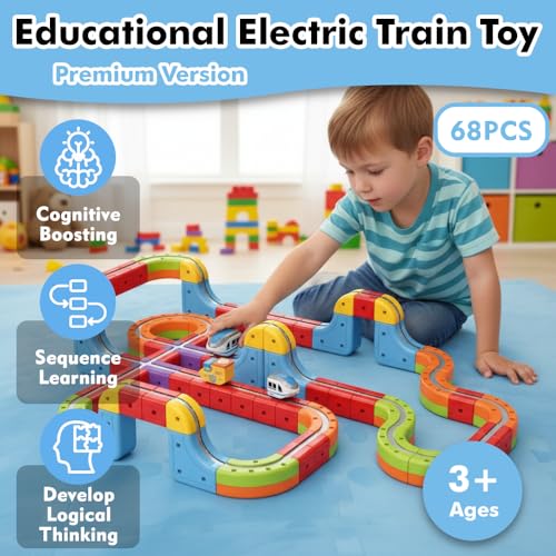Electric Train Set, 3D Infinity Racer Train Tracks, DIY Toy Car Track, Modular Building Blocks Freely Assembled, STEM Learning Toy Fun Gifts for Kids Toddlers Boys & Girls (68pcs)