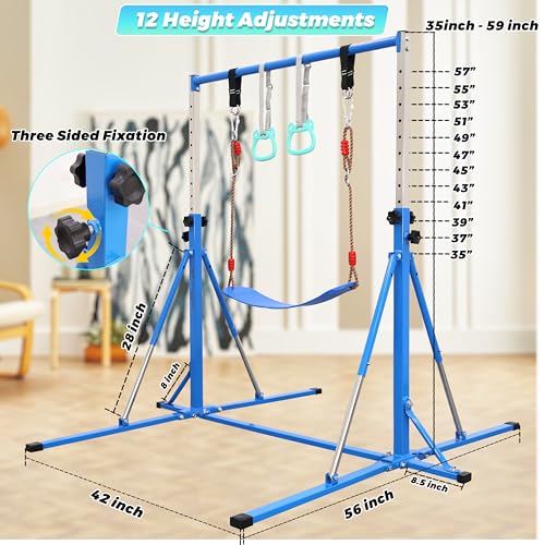 FC FUNCHEER Foldable Gymnastics Bar,5FT Horizontal bar,Adjustable Kids Training bar for Kids Ages 3-15,Kids Gymnastics bar,Triangle Stable Structure-Gym Equipment for Home - color: Blue, style: Bar-Swing-Rings