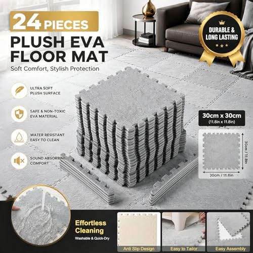 24 Pack EVA Interlocking Foam Floor Tiles, 11.8"x11.8"x0.4" Protective Gym Flooring Mats, Non-Slip Puzzle Exercise Mat for Home Gym, Garage, Playroom, Aerobic Bike - color: Fur Plush