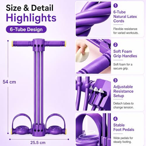 Pedal Resistance Band with Handle & Foot Pedal Resistance Band, 6-Tube Detachable Adjustable Thai Natural Rubber Band for Abs, Arms, Waist & Legs, Home Workout Equipment - color: purple