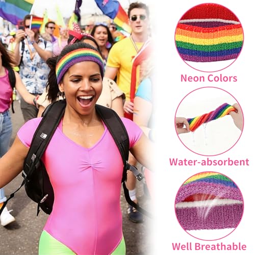 KICOSY Rainbow Sweatband Set - Pride Headband and Wristbands, Terry Cloth Striped Sweatband Set for Sports, Gym, 80s Costumes, and Pride Parade Accessories - color: rainbow