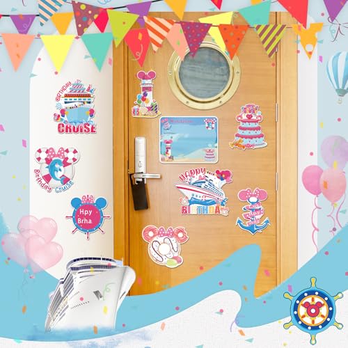 RiVolTa Birthday Cruise Door Decorations - 9 Pcs Mouse Magnet Stateroom Pink Cute Magnetic Large Ship Cabin Anchor Stickers for Girl Refrigerator Car Accessories Carnival Decals Party Decor with Pens - color: Girl Birthday