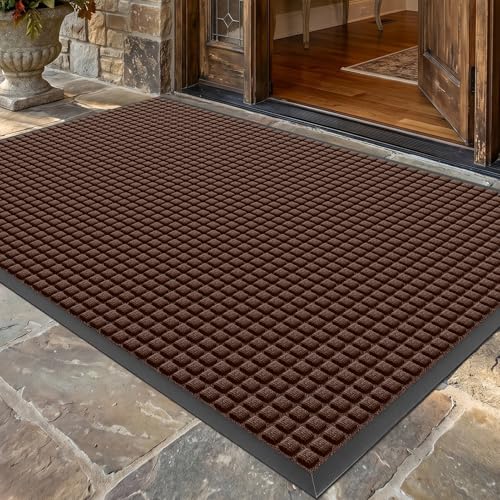Front Door Mat Outside Entrance, Heavy Duty Waterproof Doormat | 47.5"x35.5" Indoor/Outdoor Dirt Trapper with Non-Slip Rubber Backing, Low Profile Easy Clean, Stain & Fade Resistant Brown - color: Brown, size: 2'11" x 3'11" (Rectangular)