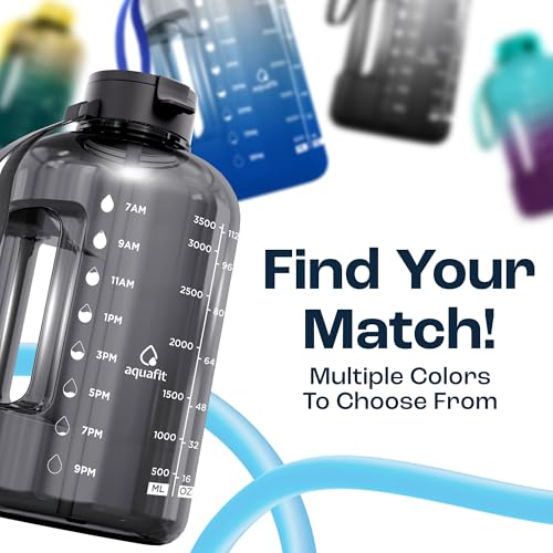 AQUAFIT 1 Gallon Water Bottle with Time Marker | BPA Free 128 oz Water Bottle with Straw and Chug Lids - Leakproof Gym Water Bottle with Carry Handle (Gray) - color: Gray, style: 128 oz - 2 Lids