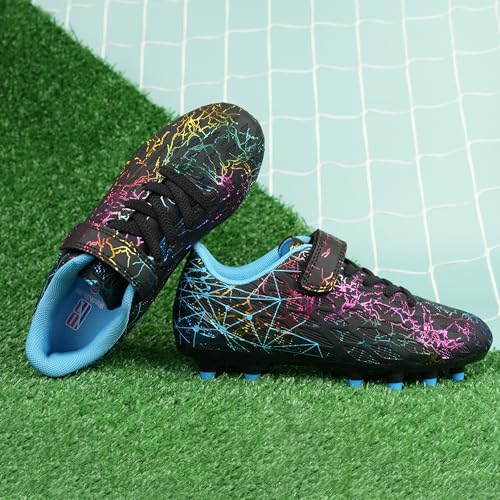 brooman Kids Firm Ground Soccer Cleats Girls Football Cleats with Shin Guards and Soccer Socks - color: Black Blue, size: 11.5 Little Kid