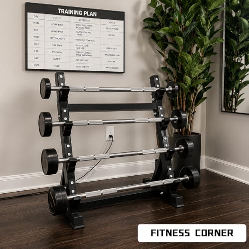 Barbell Storage Rack for Home Gym, 4-Tier EZ Curl Bar Stand with Steel Frame, Workout Bar Holder Organizer for Garage Gym Fitness Room Equipment