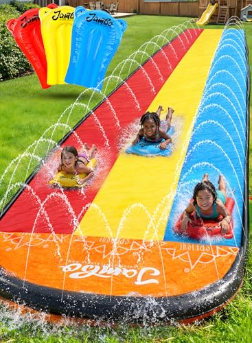 JAMBO 22.5ft Triple Lane Slip Splash and Slide with 3 Bodyboards with Built in Surround Sprinkler for Backyard Outdoor Water Fun for Kids - color: 22.5' Triple Lane Multicolor