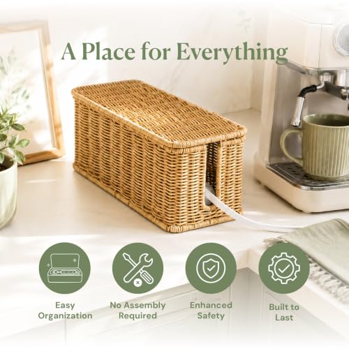 Cable Management Box, Handmade Rattan Cable Organizer with 2 Open Slots, Cord Hider for Power Strip, Router & USB Hub, Registered U.S. Design Patent (D1,112,102), 13" x 5.1" x 5.1", Natural - color: Natural, style: Rectangle