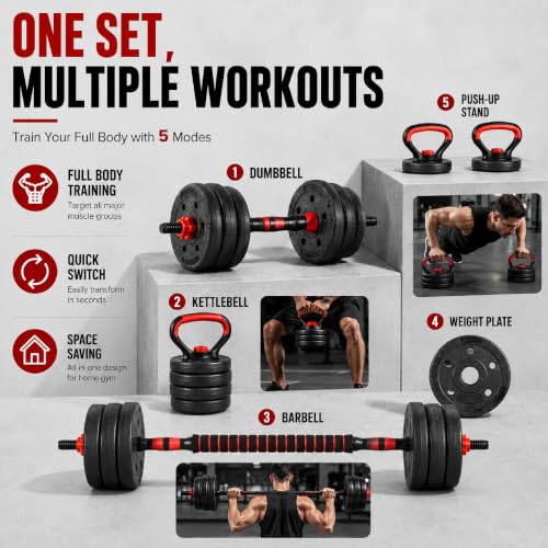 Garvee 5 in1 Adjustable Dumbbell Set 45/55/66LBS with Connector,Free Weight | Space Saving Home Gym Weight Set Converts to Barbell, Kettlebell, Push Up Stand , Full Body Fitness Equipment for Men Women - size: 66lbs (33lbs*2)