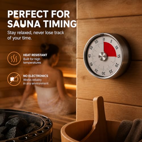 Stainless Steel Sauna Timer, 55 Minute Mechanical Spa Clock, No Battery Self Winding Timekeeper for Sauna Rooms, Steam Rooms, Hot Tubs, Gyms and Home Relaxation