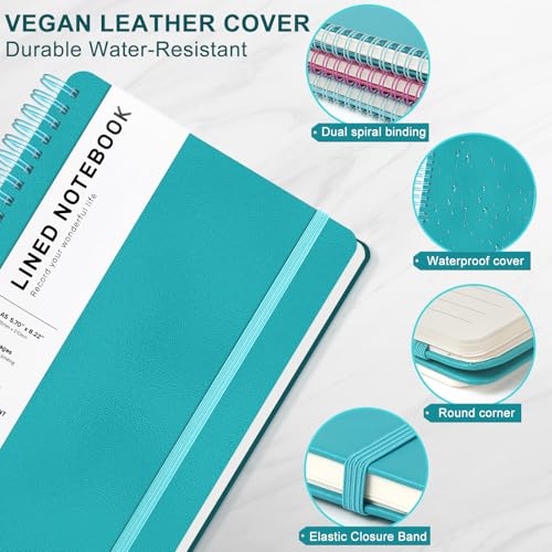 Lined Spiral Journal Notebook with 160 Pages, 8×5.7in, A5 Spiral Notebook, Journaling Notebooks for Work, School, Women, Men, College Ruled Spiral Notebook, Hardcover Leather Journals, Turquoise - color: Lake Blue, size: A5