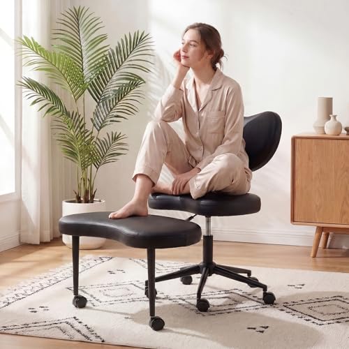 Cross Legged Office Chair, 360° Swivel Yoga Meditation Chair, Ergonomic Height Adjustable ADHD Criss Cross Office Chair with Wheels, Lumbar Support for Home Office, Black - color: Black, size: Heart Back