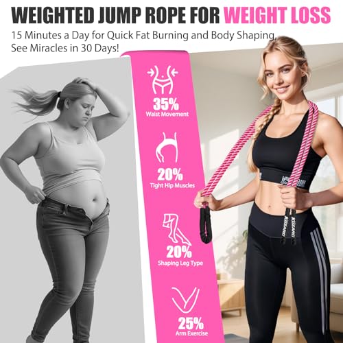 KUZARO Jump Rope, Weighted Jump Rope for Women, Heavy Jump Ropes for Fitness, Home Gym Exercise Equipment, Adult Skipping Rope for Improve Strength, Weight Loss, Boxing Training,Total Body Workout Equipment - color: Pink 2.5lb