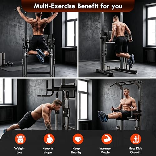 SogesPower Power Tower Dip Station Pull Up Bar for Home Gym Multi-Function Adjustable Height Strength Training Workout Equipment - color: Black
