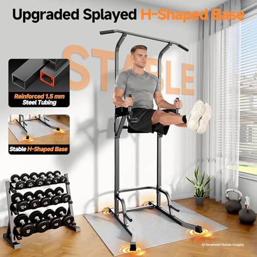 Power Tower Pull Up Station with Arm Rests Back Pad and Flared H-Shaped Base - color: Black