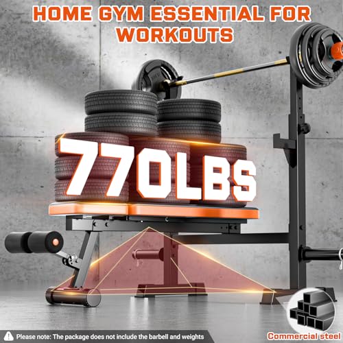 Adjustable Weight Bench with Squat Rack, 770lbs Heavy Duty Olympic Bench Press for Home Gym, Multi-Function Flat Incline Workout Bench Family Strength Training with Removable Foot Catch