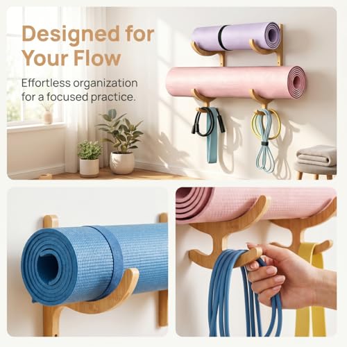 Wooden Yoga Mat Holder Wall Mount with 4 Hooks | Yoga Mat Storage Rack for Home Gym, Resistance Band and Jump Rope Organizer for Foam Roller, Fitness Equipment Storage