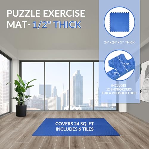 Fitvids Puzzle Exercise Gym Flooring Mat, 1/2" Thick High-Density EVA Interlocking Tiles Workout Mat for Home Gym, Fitness Equipment, MMA, Gymnastics, 6-Piece Shock-Absorbing Exercise Mat (24 Sq Ft) - color: Navy, style: 1/2" Thick, 6 Tiles (24 Sq Ft)
