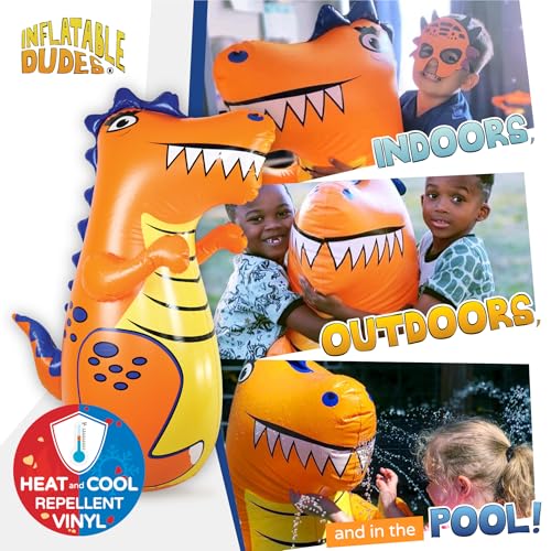 INFLATABLE DUDES Dinosaurs -Kids Punching Bag | Sand-Base | Bop Bag, Pre-filled with Sand, Inflatable Toy, Punching Bag for Kids, Enhanced Bounce-Back Action, Indoor/Outdoor - color: Orange T-Rex | Pre-filled with Sand