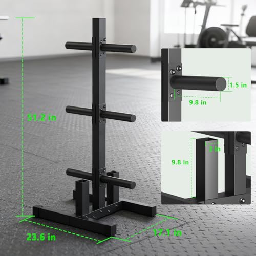 Olympic Weight Plate Rack, 6 Pegs & 2 Barbells for Bumper Plate Storage, Olympic Weight Plate Tree - Heavy Duty Bumper Plate Rack Holds 300 lbs