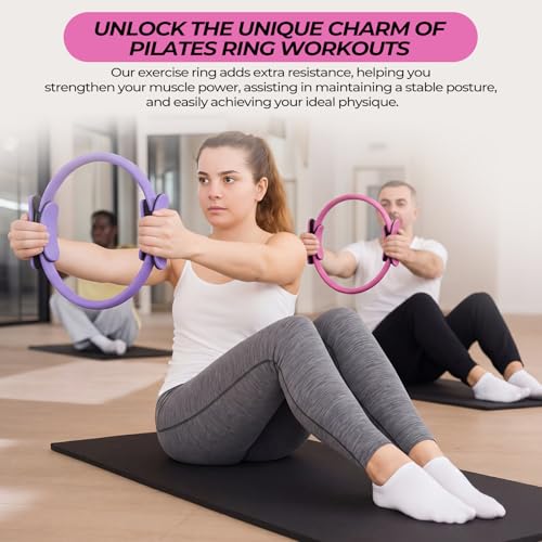 Seenelling 18 Pcs Pilates Ring and Ball Set with Resistance Bands Home Workout Pilates Equipment 11.8 Inch Magic Circle with Padded Handles, Mini Ball for Strength, Toning and Flexibility - color: Pink, Purple