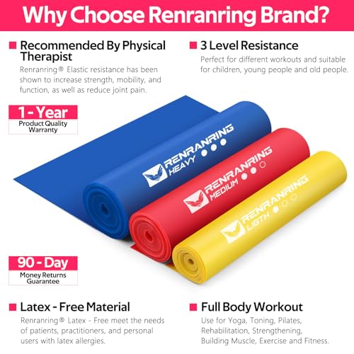 Resistance Bands for Working Out, Exercise Bands for Physical Therapy, Stretch, Recovery, Pilates, Rehab, Strength Training and Yoga Starter Set - color: 1-Yellow,Red,Blue, size: 19.7FT