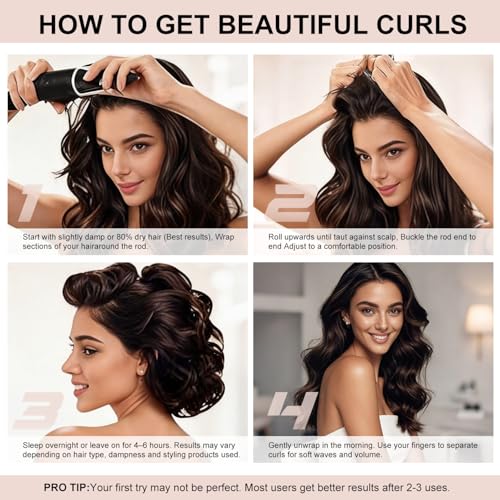 Heatless Curls Overnight Hair Care Set - Jumbo Velvet Hair Curlers | No Heat Hair Rollers for Women, Comfortable Sleep-In Hair Rollers with Satin Scarf, No Heat Damage Curling Rods for All Hair - color: Brown