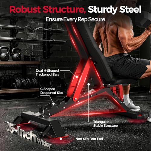 FLYBIRD WB7 Weight Bench, 1300LBS Commercial Adjustable Weight Bench, Workout Bench for Home Gym, Flat Incline Bench Press Heavy Duty Bench with 34'' Extra-Long Backrest and Easy-Roll Wheels - color: Black & Red