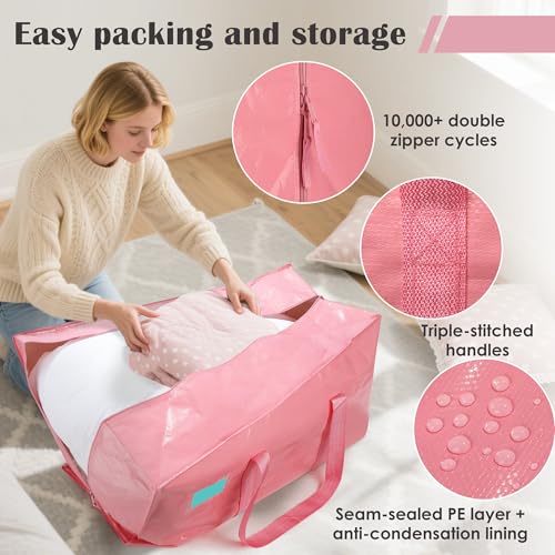 6 Pack Moving Bags with Full-Open Side Zipper, Extra Large 93L Heavy Duty Waterproof Foldable Storage Totes for College Dorm, Moving & Home Organization Pink - color: Pink, size: 6 Pack